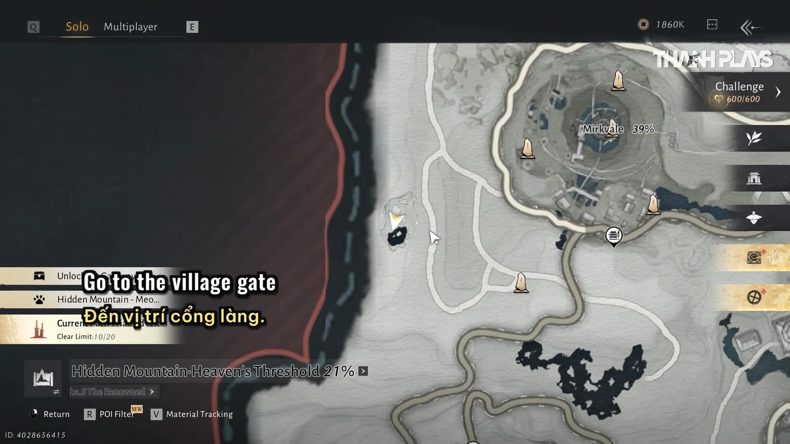 World map showing the Go to the village gate objective near Mirkvale