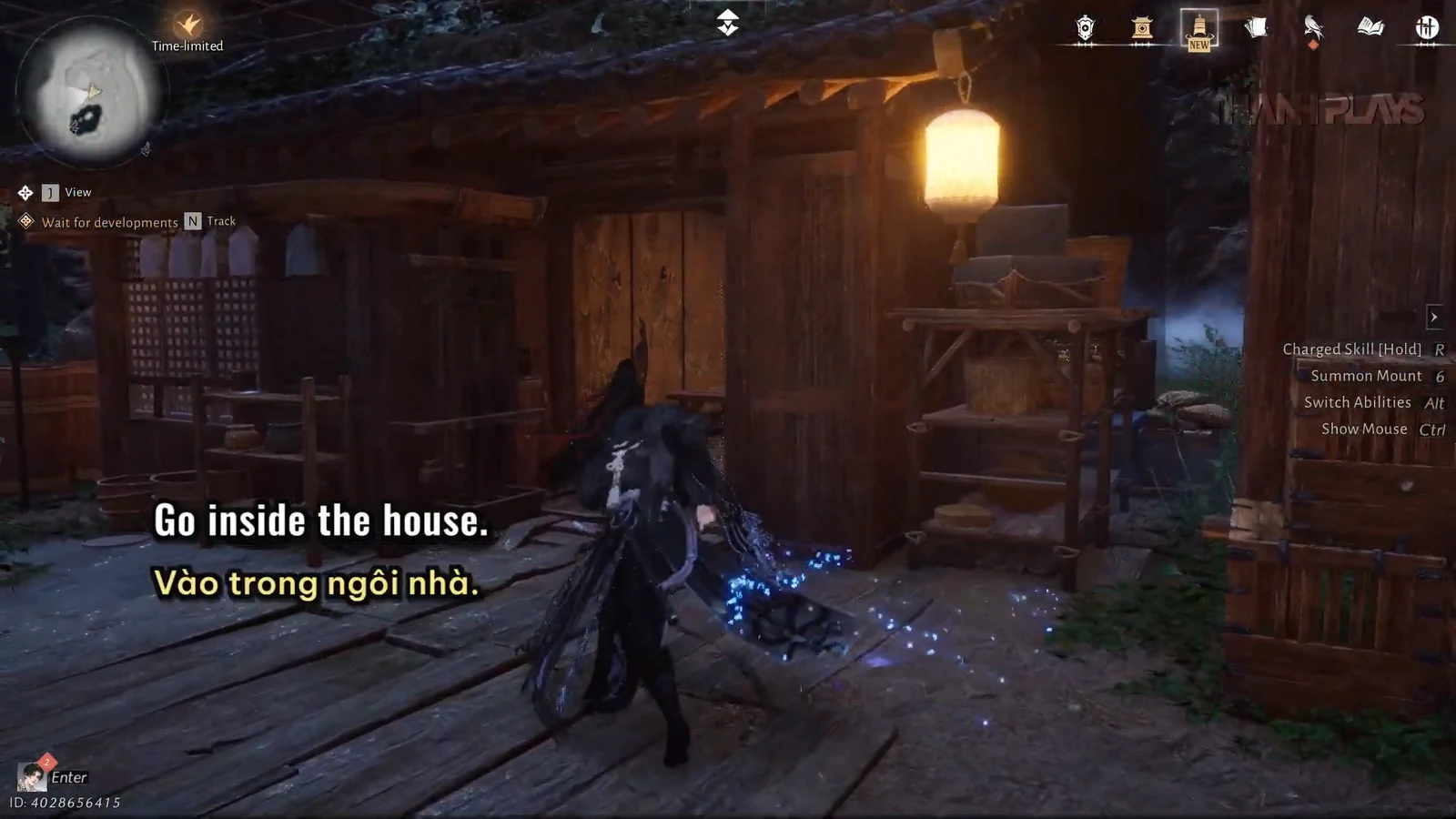 Character approaching a wooden house with the Go inside the house prompt