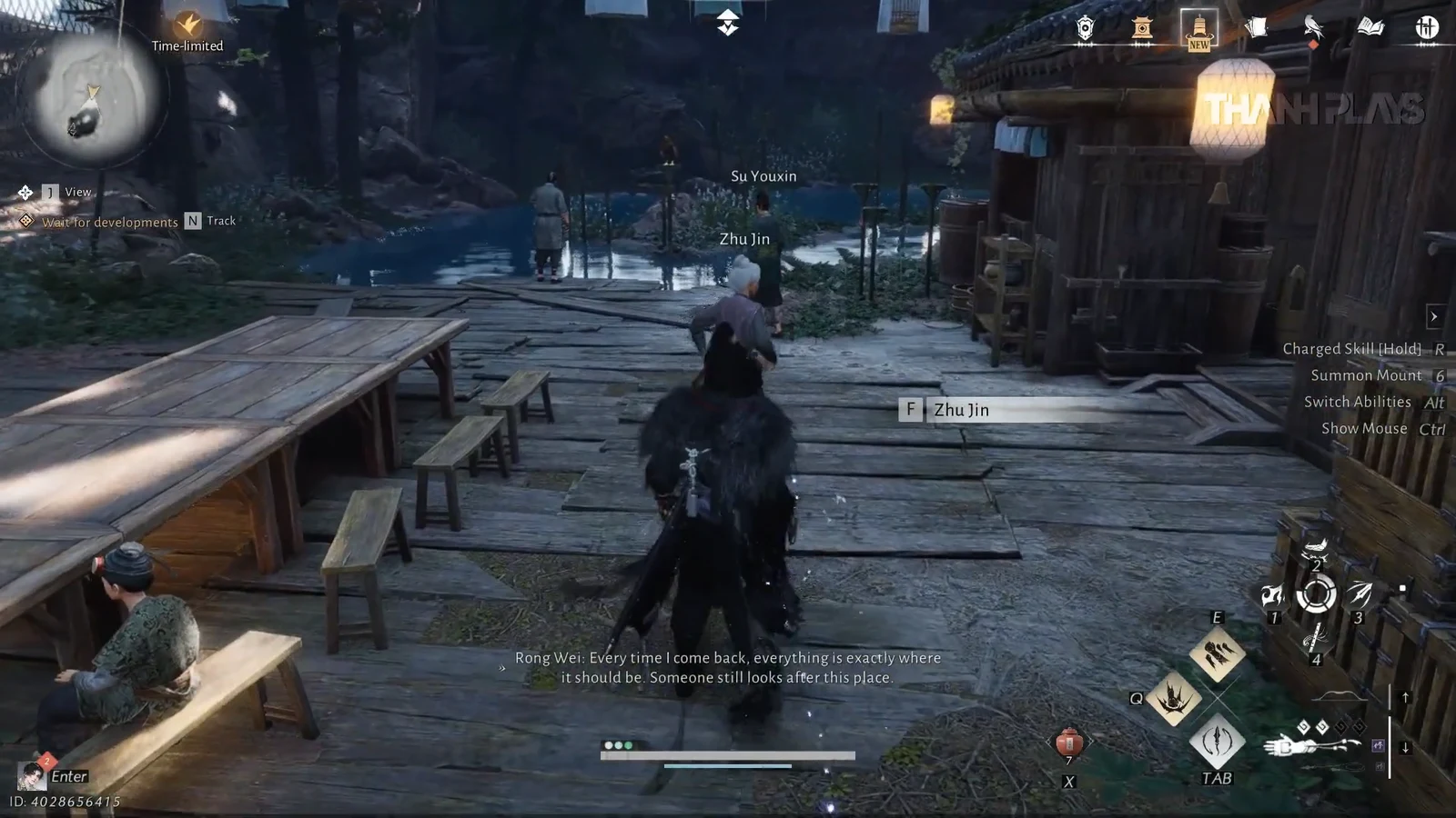 Player facing Zhu Jin in the village with the F Zhu Jin prompt on screen