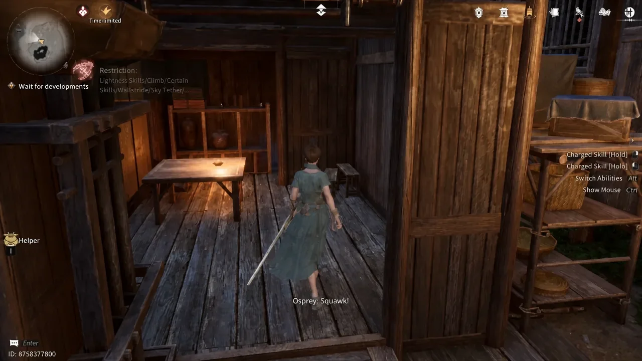 Gameplay view inside the wooden hut with the Wait for developments objective on screen