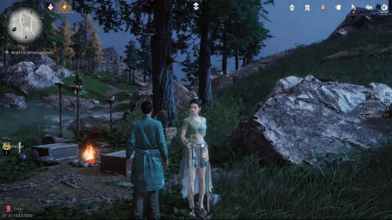 Zhu Jin standing in the clearing while the Wait for developments objective is displayed