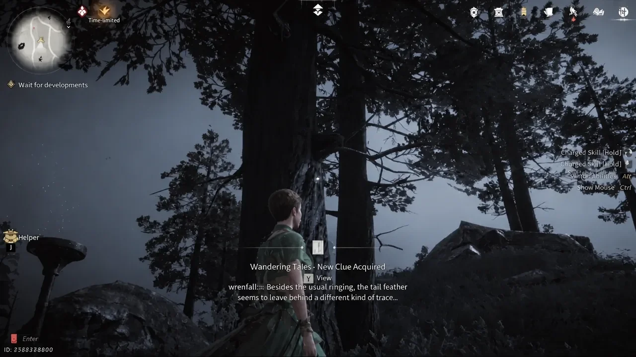 A Wandering Tales New Clue Acquired banner with the View button prompt on screen