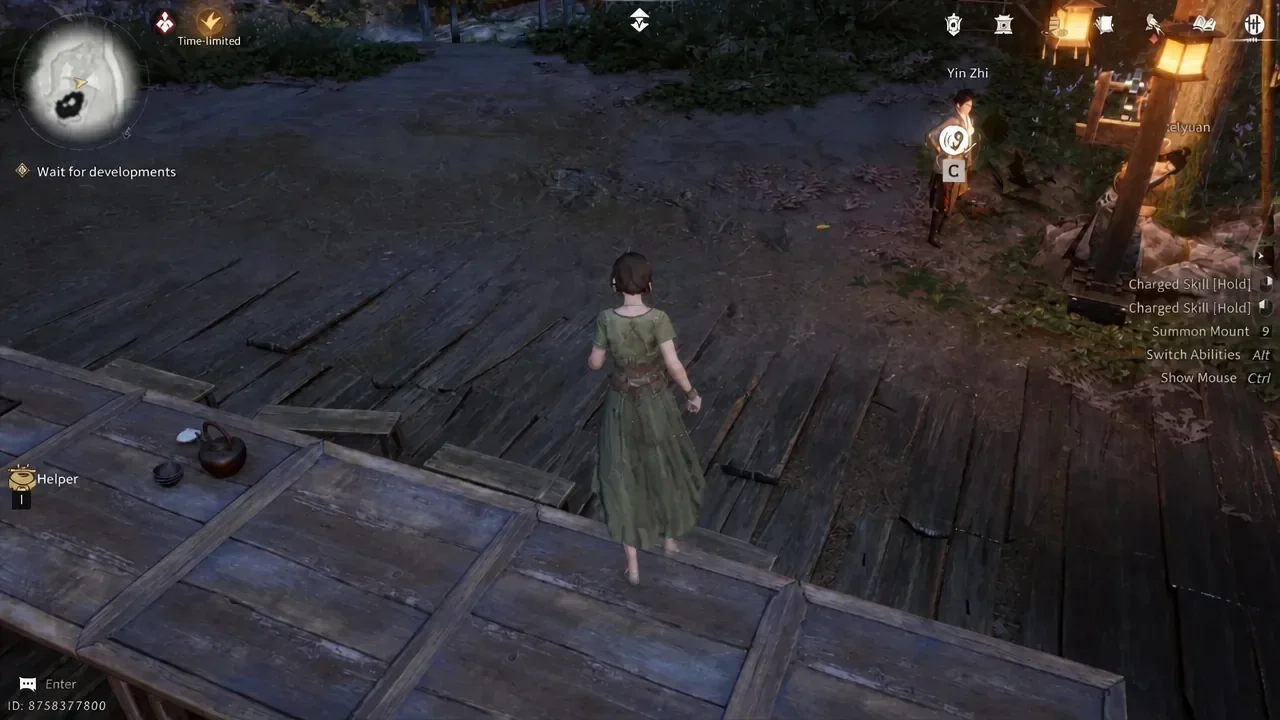 An NPC by the camp with a G button interaction prompt floating beside her