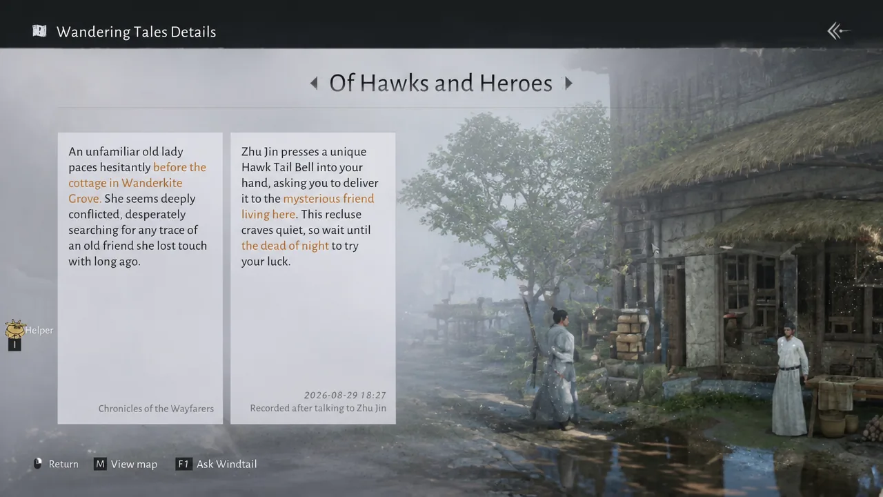 The Wandering Tales menu open on the Of Hawks and Heroes entry with its first clue listed