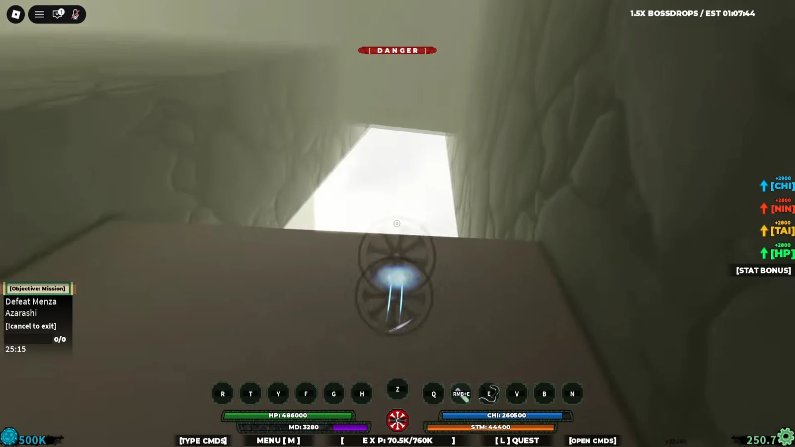 Defeat Azarashi objective panel while moving through a dark cavern toward a bright exit