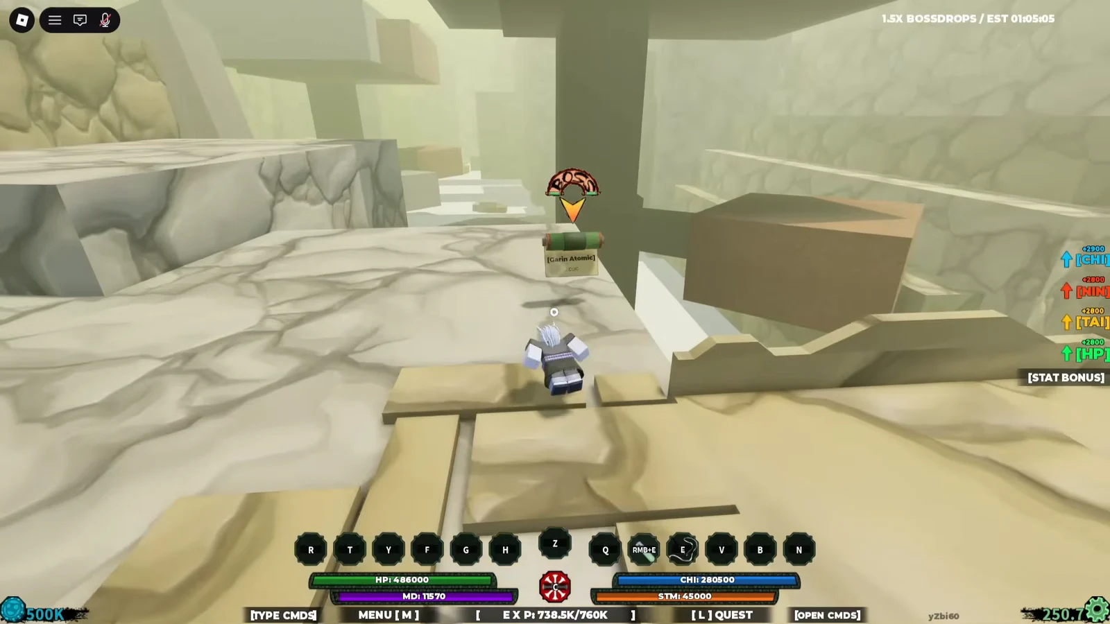 Avatar crossing rocky platforms toward the floating Garin Atomic quest marker