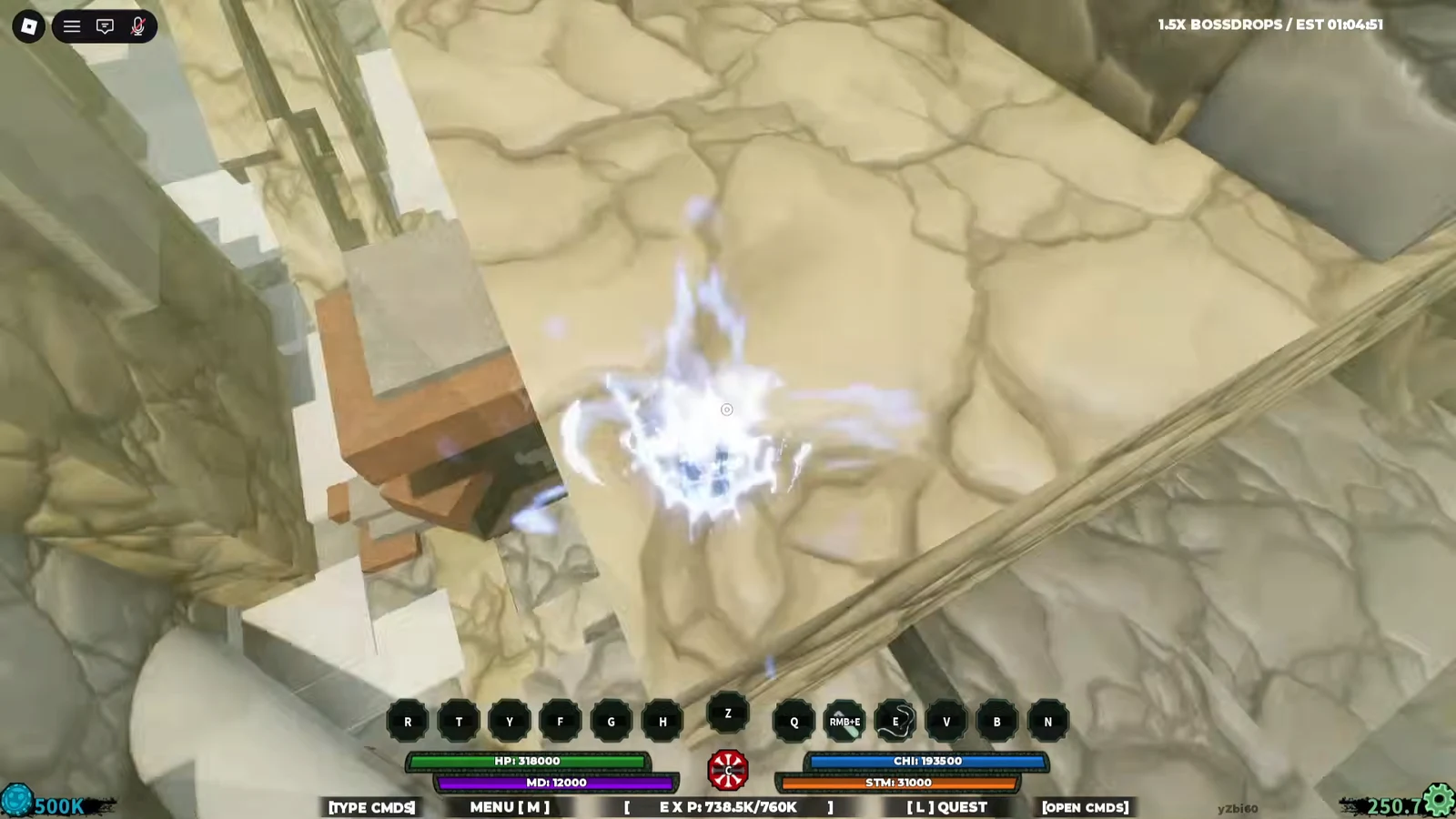 Character firing a bright Form 4 energy attack in a rocky Dunes Village arena with the full HUD