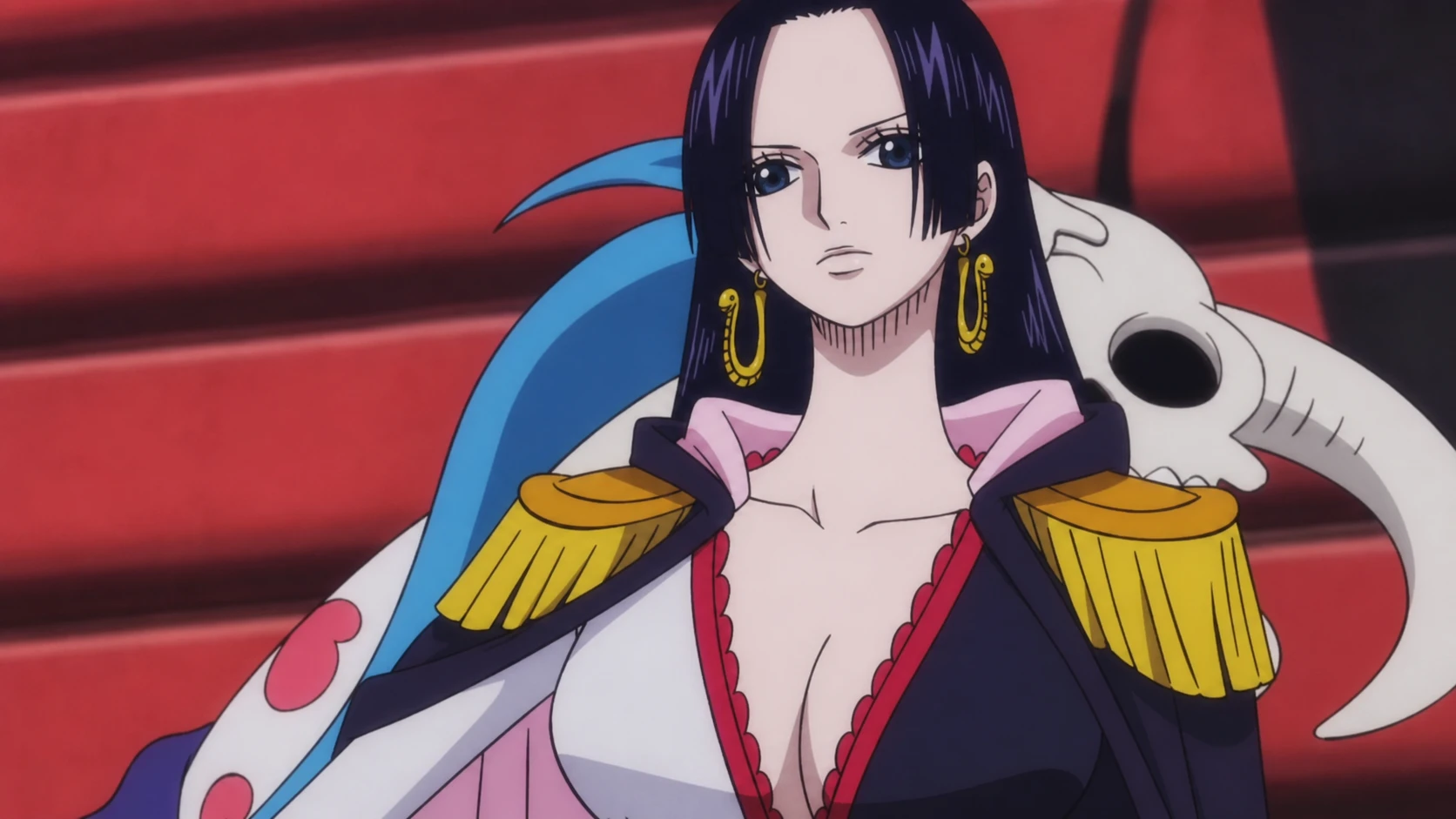 Boa Hancock of the Seven Warlords disembarks off a ship for Luffy in One Piece