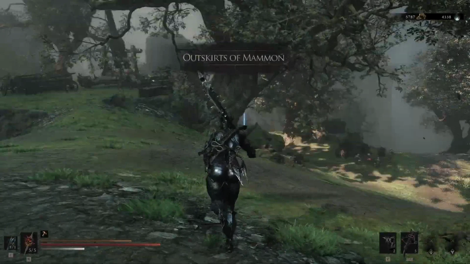 The Outskirts of Mammon area title appears on screen as the Harbinger runs down the wooded path