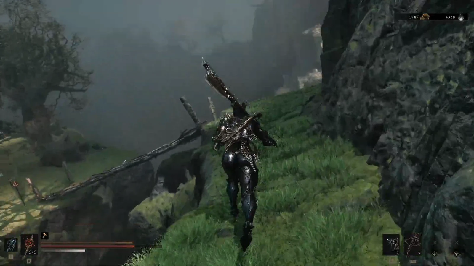 The Harbinger walks a narrow grassy cliff path with the HUD counters visible