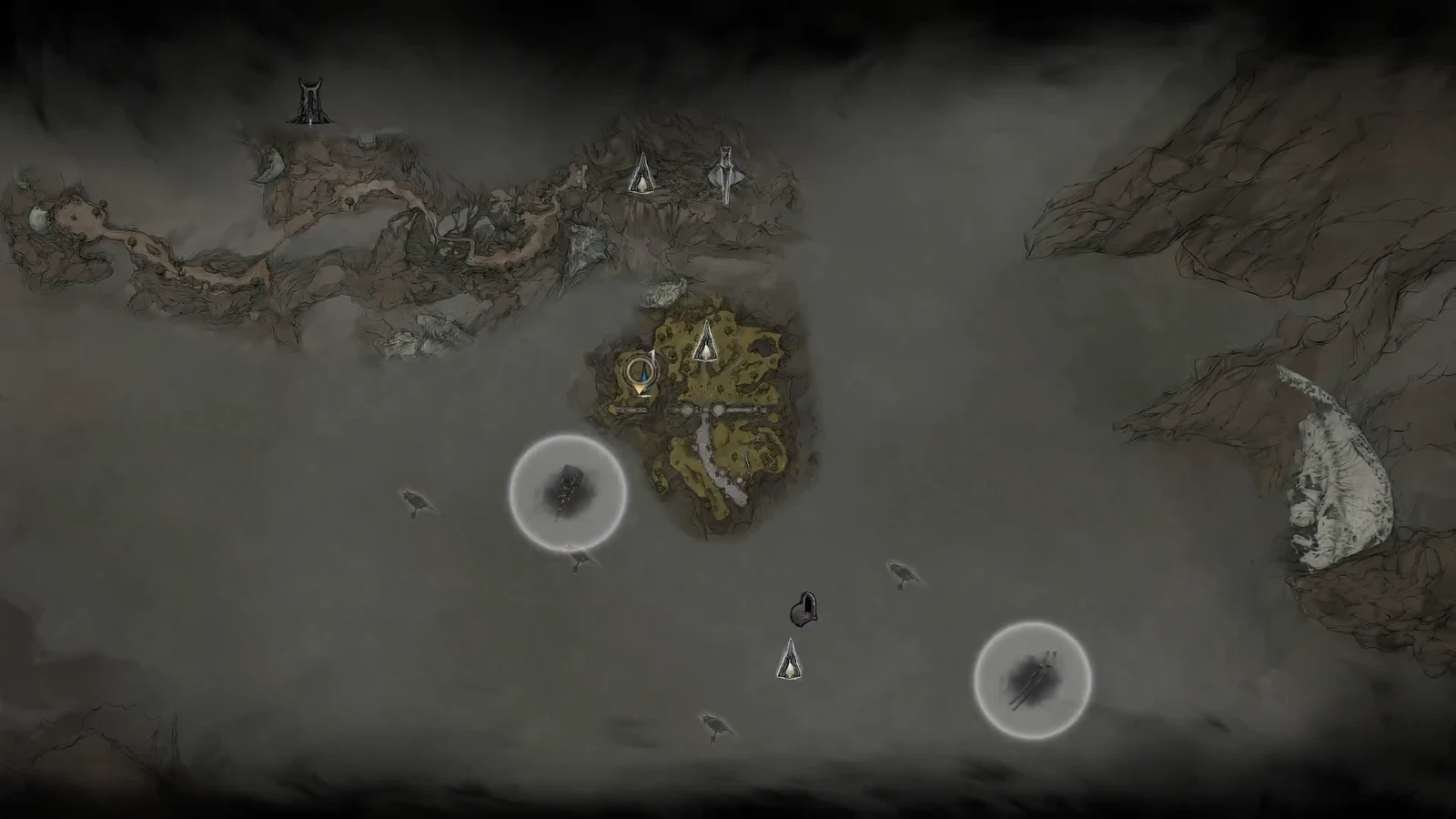 The world map screen with a highlighted beacon marker and several location icons on revealed terrain
