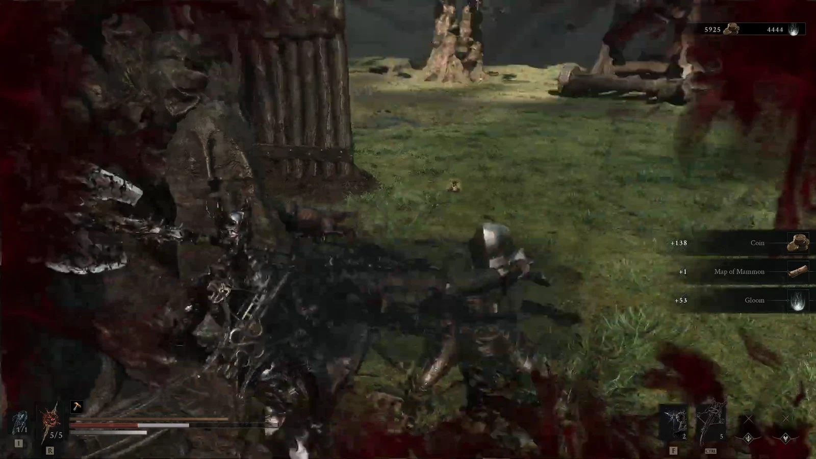 Pickup notifications for Coin, Map of Mammon and Gloom appear during a fight in a grassy clearing