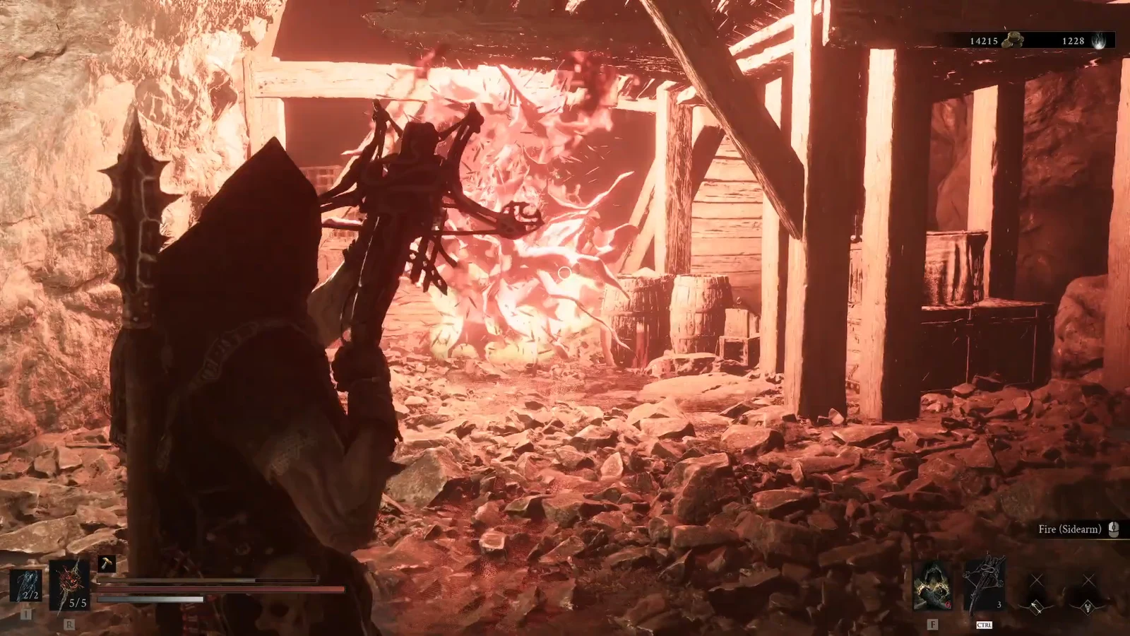 Player aiming the Fire sidearm at a fiery enemy in a rubble-filled wooden mine tunnel past the bridge