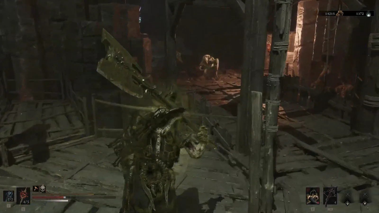 Player character with a large axe approaching an enemy in a dim wooden corridor near the chest