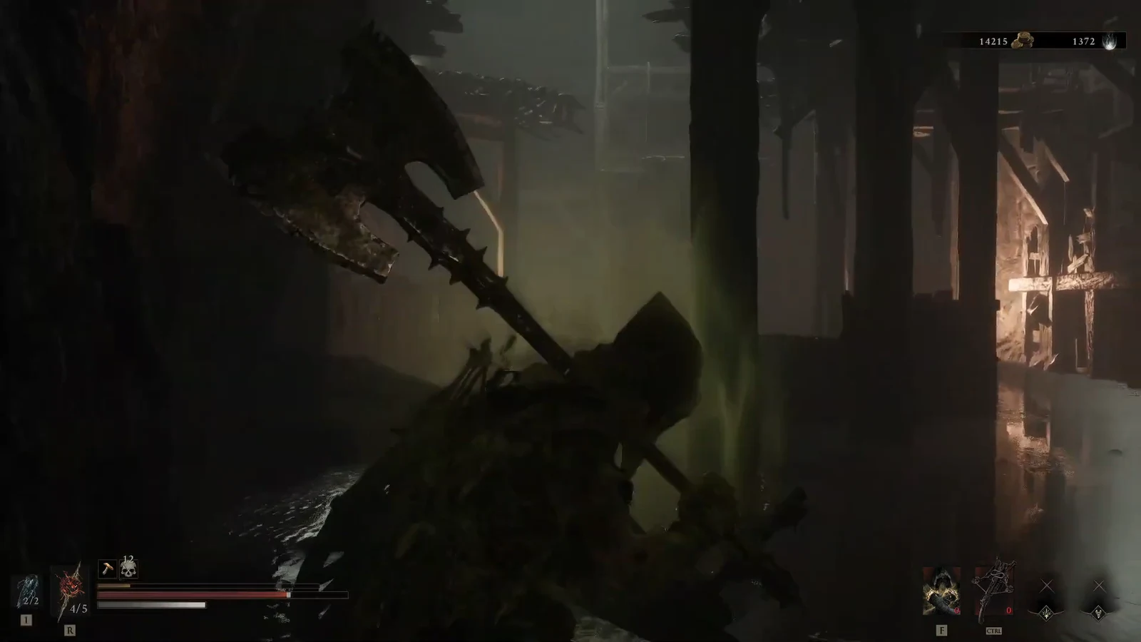 Player character with a large spiked weapon moving through a dark ruined corridor toward the bridge