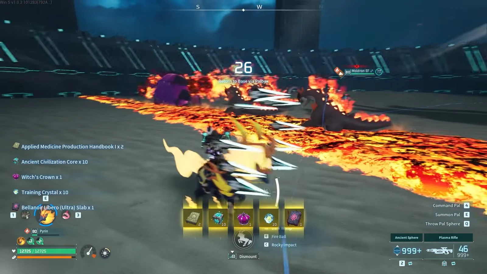 Return to Base via Palbox 26-second countdown as the player collects dropped items in lava