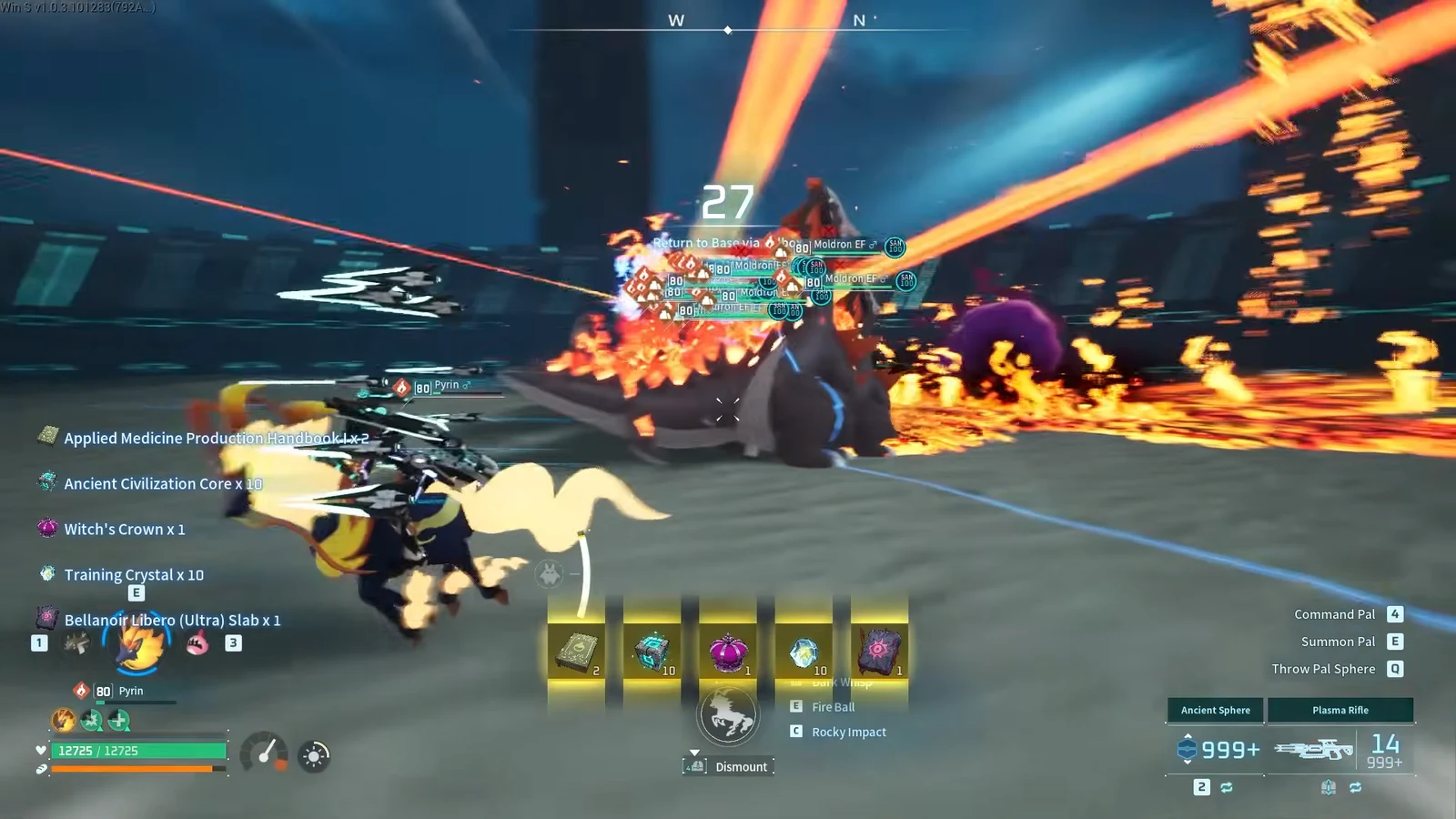 Return to Base via Palbox countdown running as the player fights amid lava and collects drops