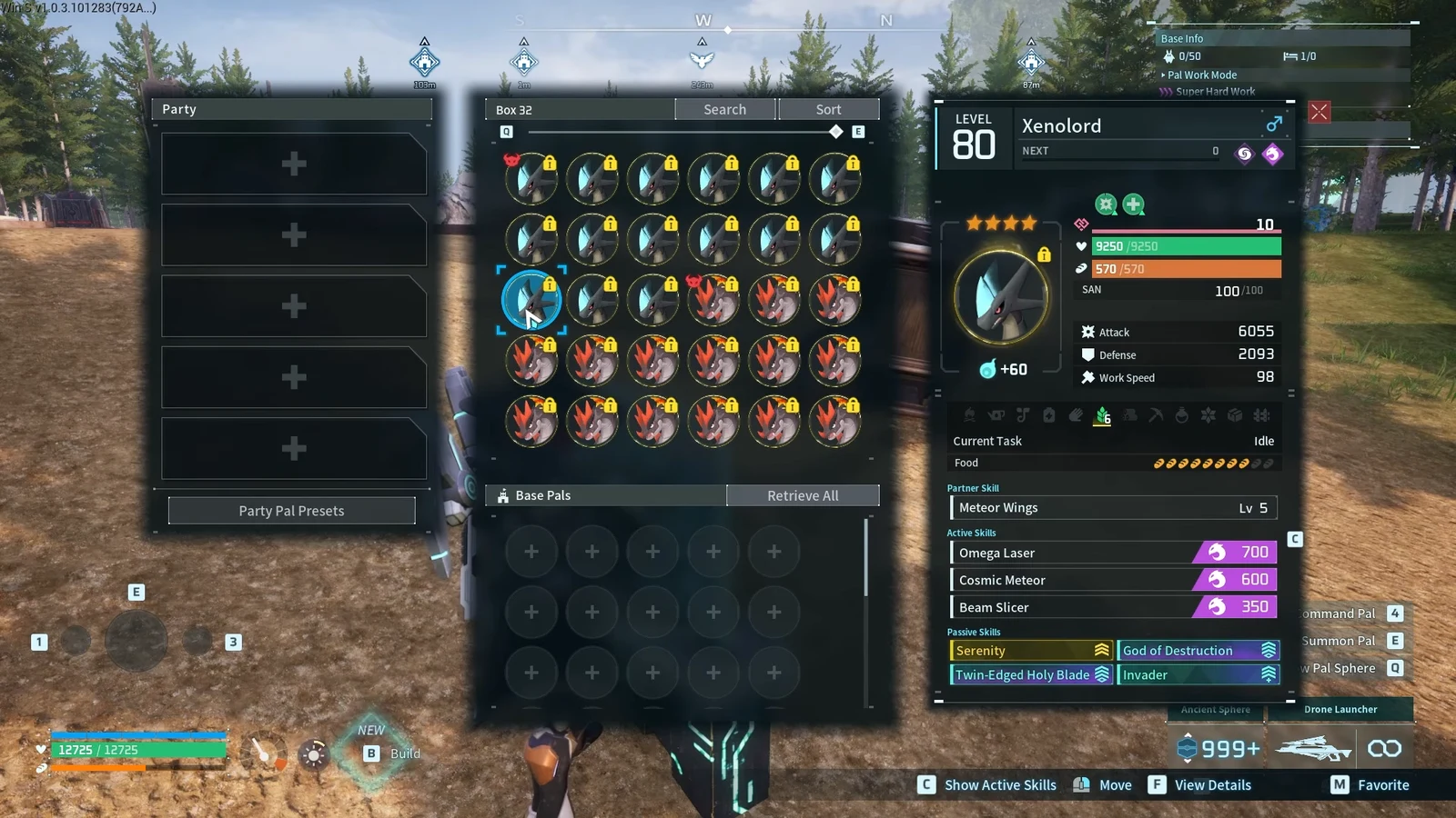 Party and box management screen with Xenolord selected to move into an empty party slot