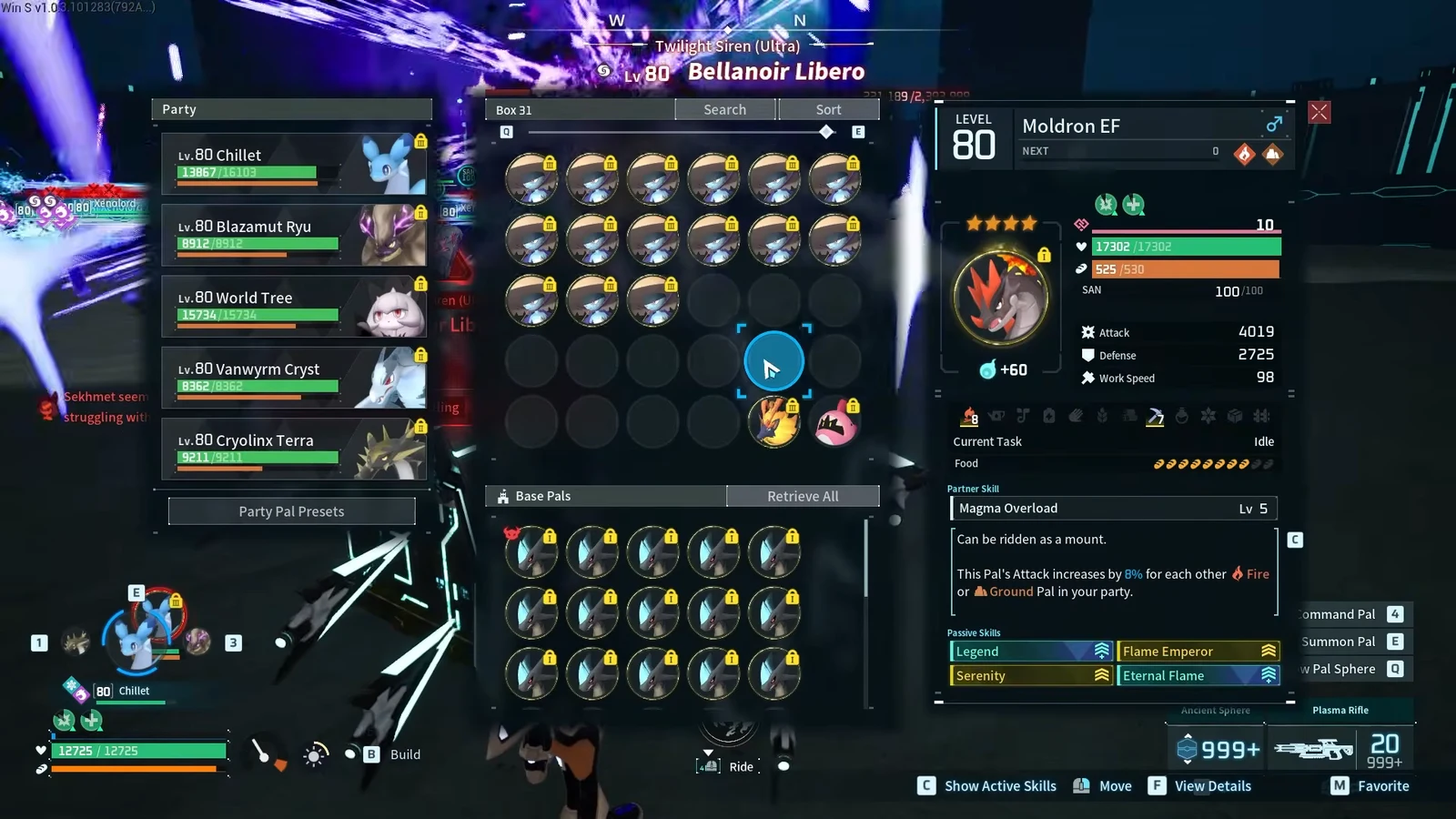 Palbox Box 31 screen with Moldron selected showing stats, partner skill and passives