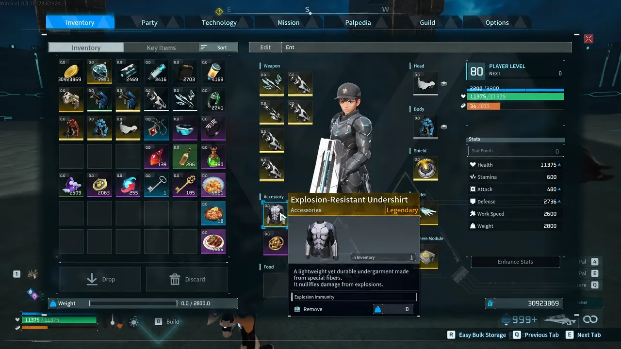 Palworld inventory screen with the Explosion-Resistant Undershirt selected and its stats tooltip open