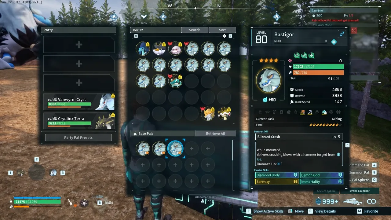 Palbox menu with Bastigor selected, showing its level, HP, attack, and defense on the right panel
