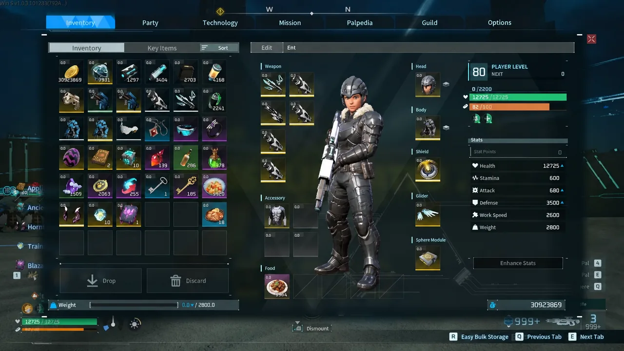 Palworld inventory tab open after a raid, showing collected items and equipped gear