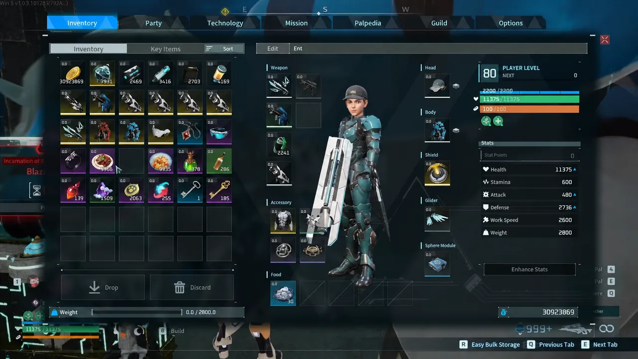 Inventory menu open on the Inventory tab showing carried items, equipped gear and player stats
