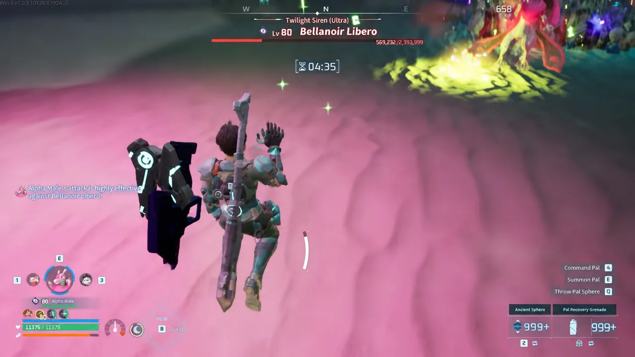 Player fighting the level 80 Bellanoir Libero from midair with Ancient Sphere selected in the hotbar