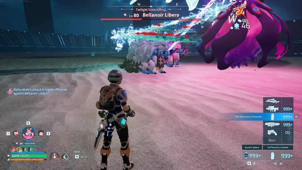 Pal Recovery Grenade highlighted in the item hotbar during the Bellanoir Libero raid fight