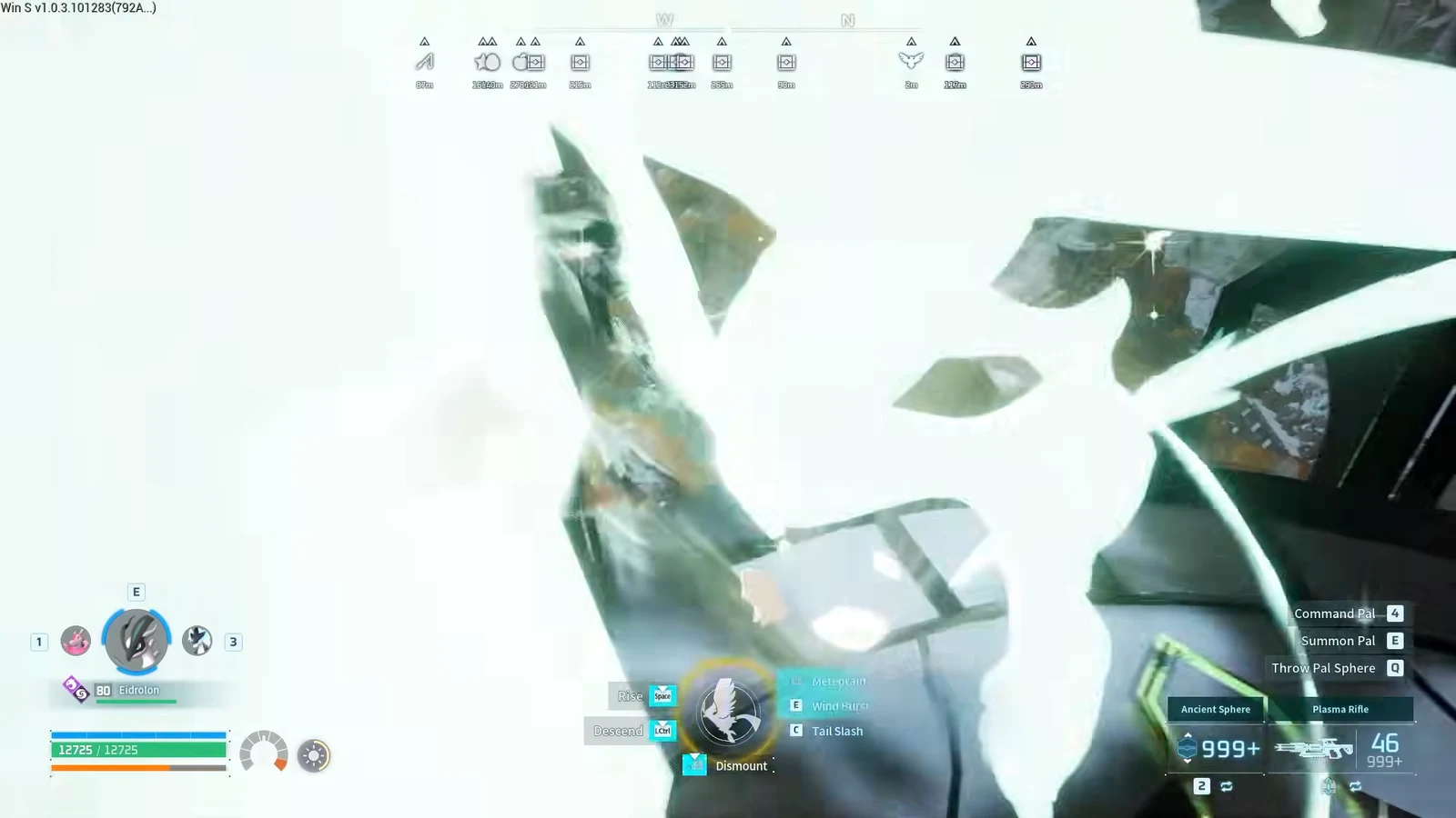 Mounted flight HUD in Palworld showing Rise, Descend, Wind Burst and Tail Slash controls during a fight.