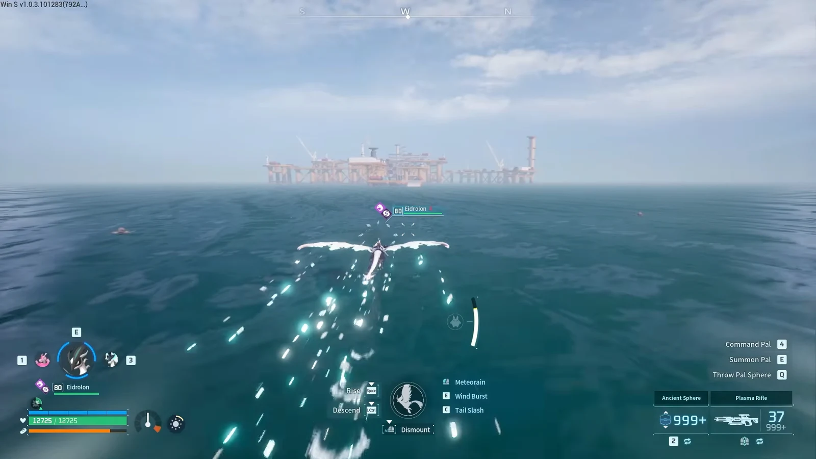 Flying a mount over open water toward an offshore Palworld oil rig platform with the dismount prompt shown.