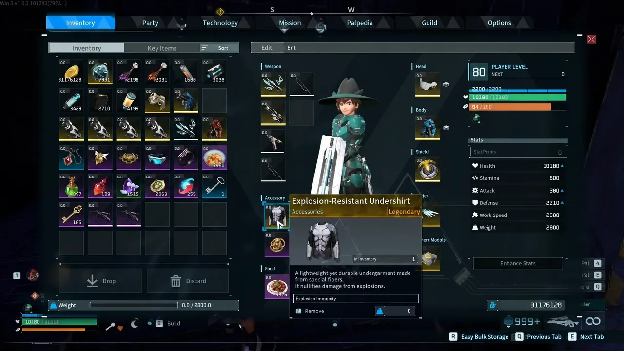 Palworld inventory with the Explosion-Resistant Undershirt selected, showing its Legendary rarity and Explosion Immunity effect.