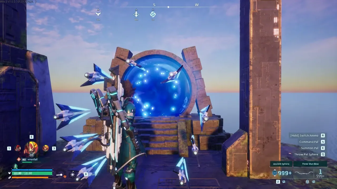 Player facing a glowing boss portal in Palworld with the Ancient Sphere equipped in the weapon slot.