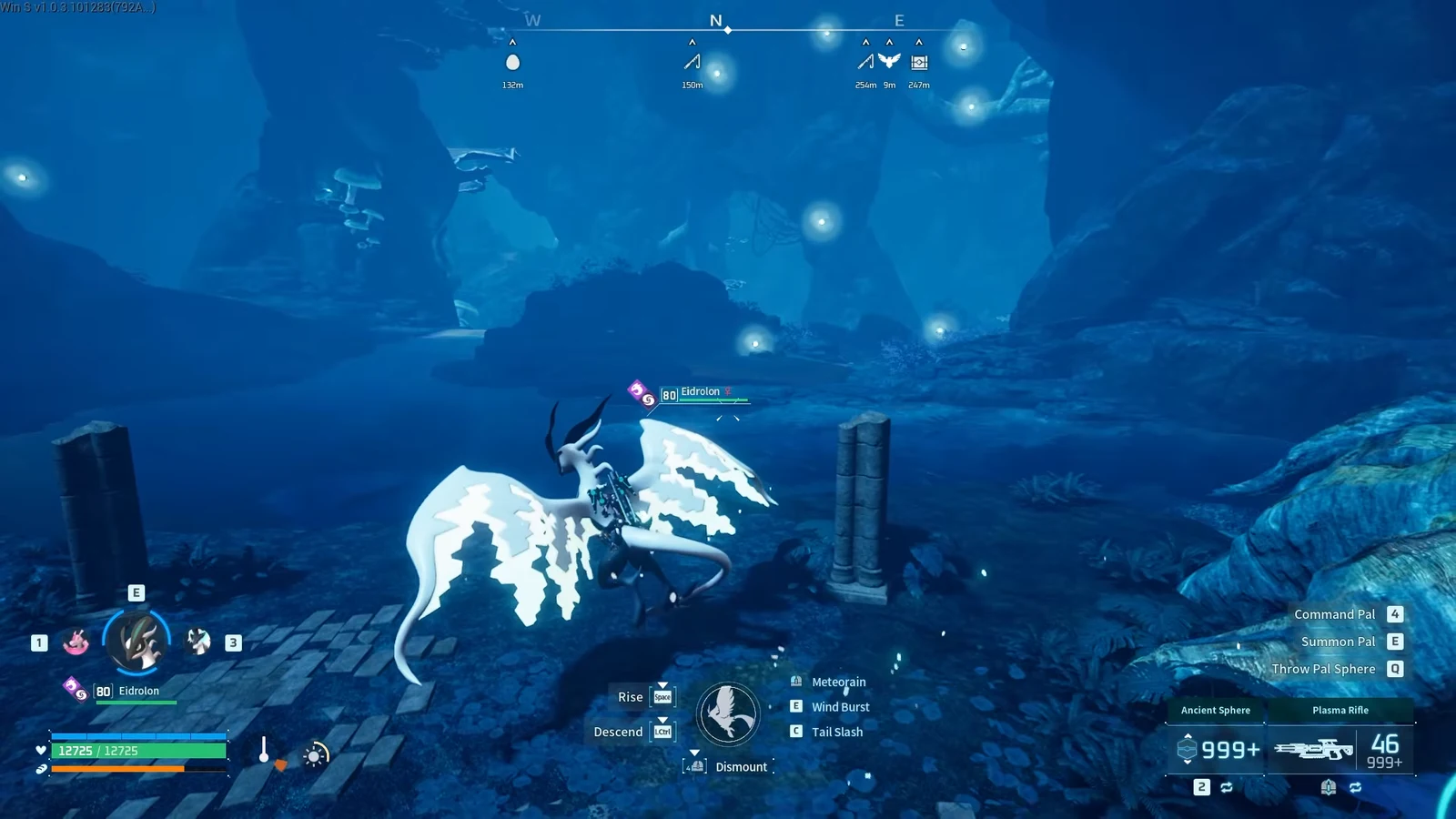 Riding a level 80 flying mount through an underground cavern route in Palworld toward a boss arena.