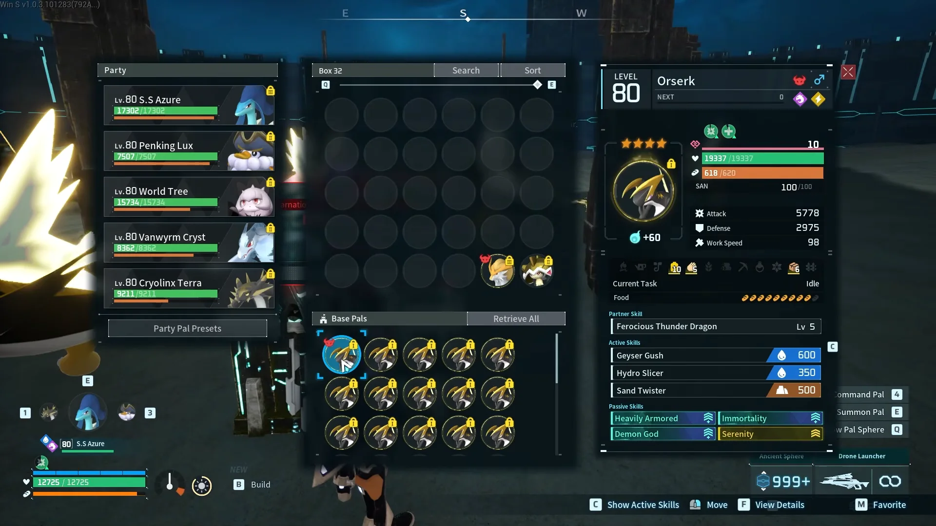 Fighting the Blazamut Ryu Ultra raid boss in Palworld while its blast attacks register no damage.