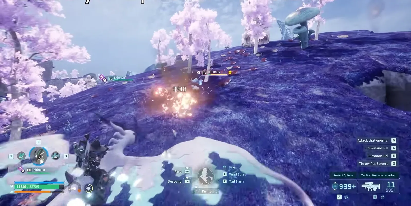 Player firing a grenade launcher at a Nitemary while Elphidran assists, dropping x4 souls