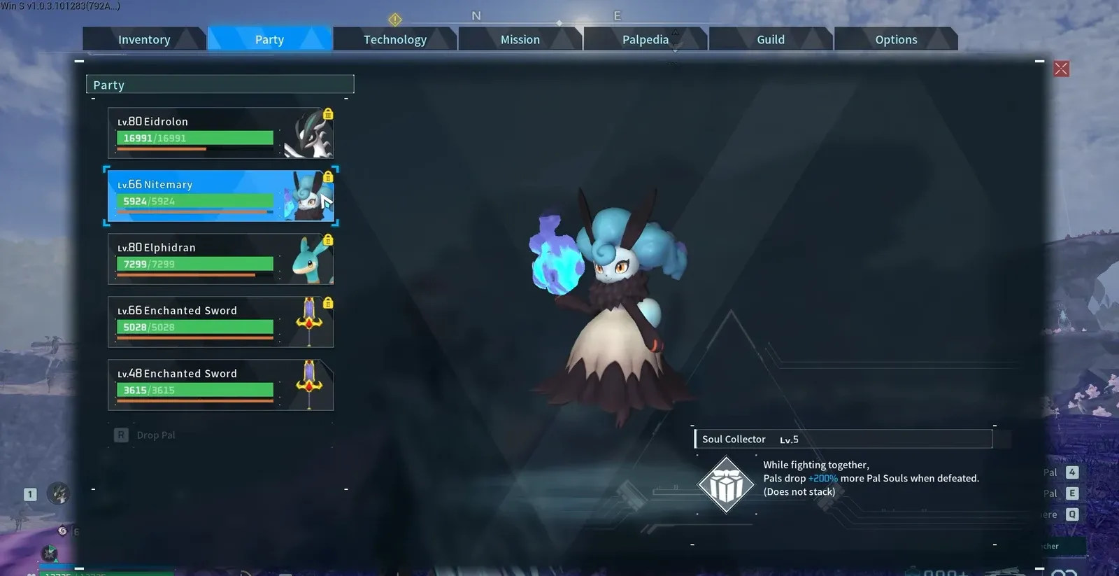 Party menu showing Nitemary with its Soul Collector Lv. 5 partner skill