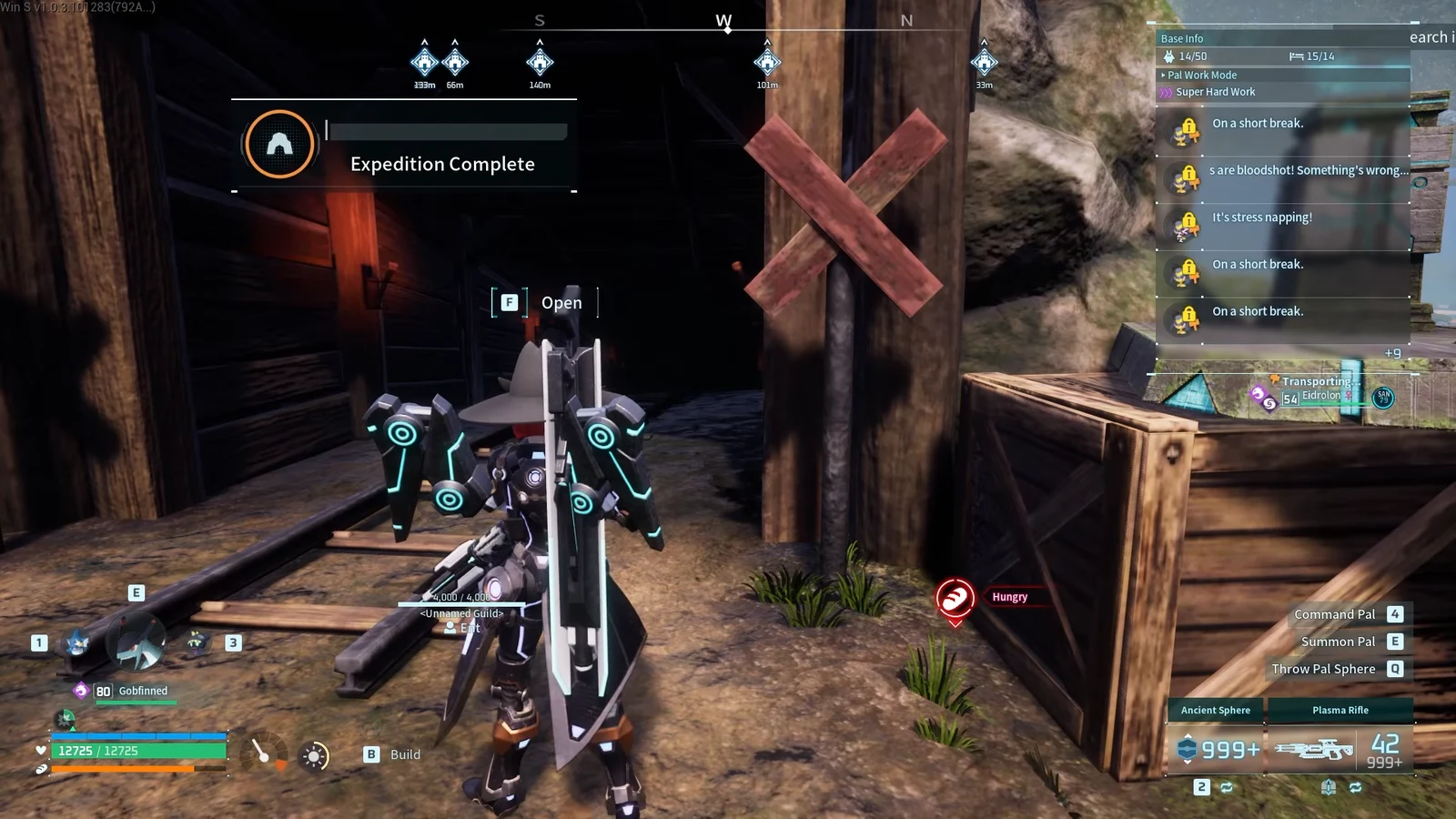 Expedition Complete screen with an F-key prompt to open the wooden doorway and collect rewards