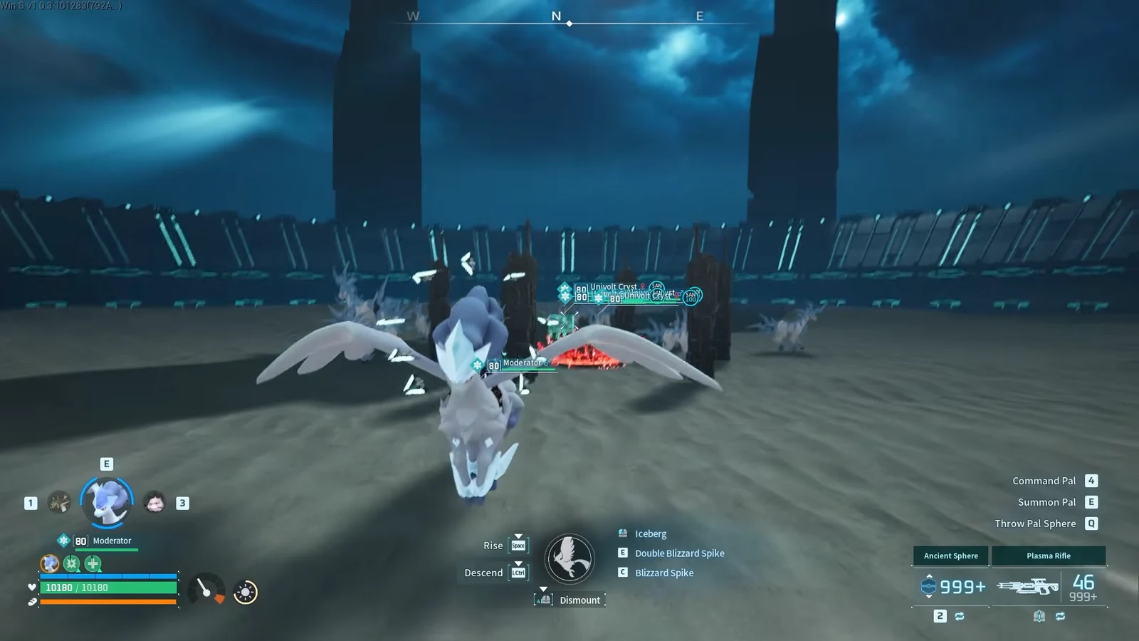 Player mounted on a flying ice Pal above the arena with the dismount prompt on screen during an add wave.