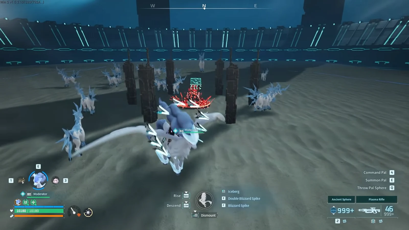 Riding an ice mount while a red target marker sits on the boss and a Blizzard Spike attack charges.