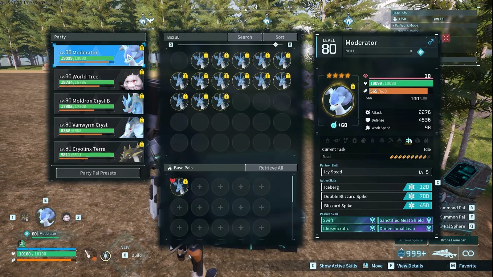Pal management screen with a party Pal selected, showing its level, stats, active skills and passives.