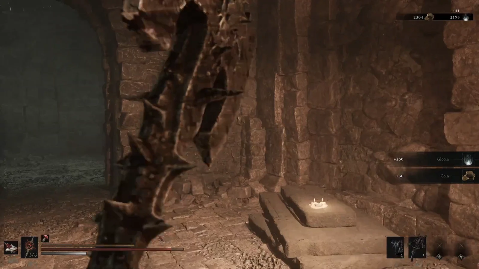 Character standing in a stone chamber next to a glowing altar as Gloom and Coin rewards appear
