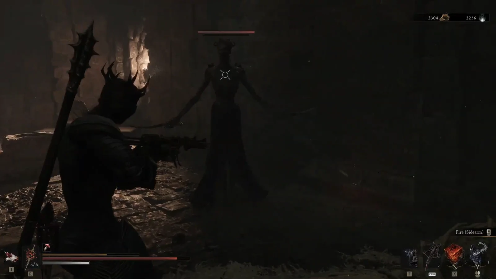 Sidearm aimed at a tall shadowy enemy with the crosshair on its chest during the lower chamber fight