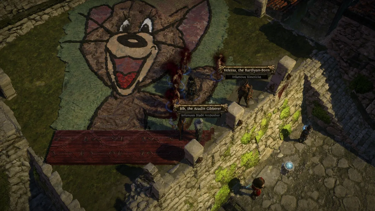 Combat scene with Mercenary enemy nameplates on a stone courtyard