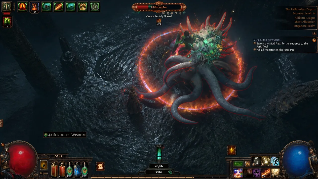 Path of Exile character fighting a boss underwater