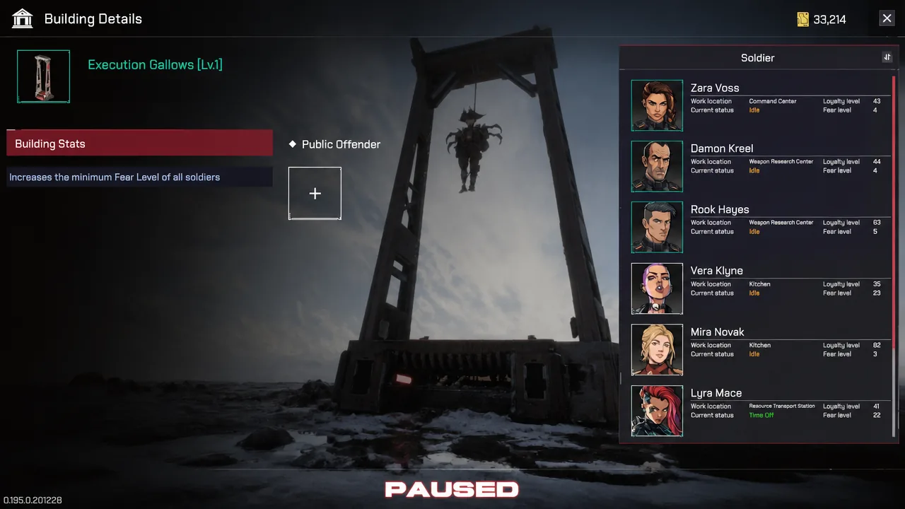 Building Details panel for the Execution Gallows with an empty Public Offender slot
