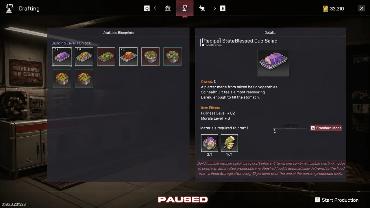 Crafting screen showing the StateBlessed Duo Salad recipe and required materials