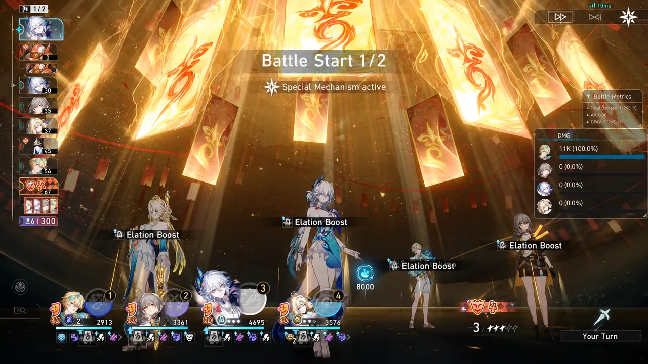 Battle Start screen showing Special Mechanism active and Elation Boost markers for the second run