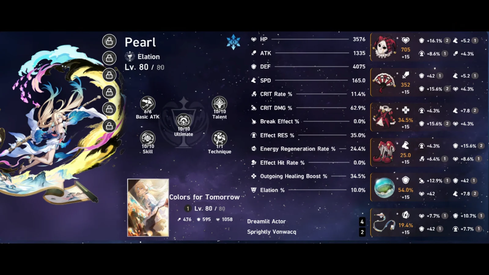 Pearl's character details screen showing level, abilities, combat stats, relics, and Light Cone