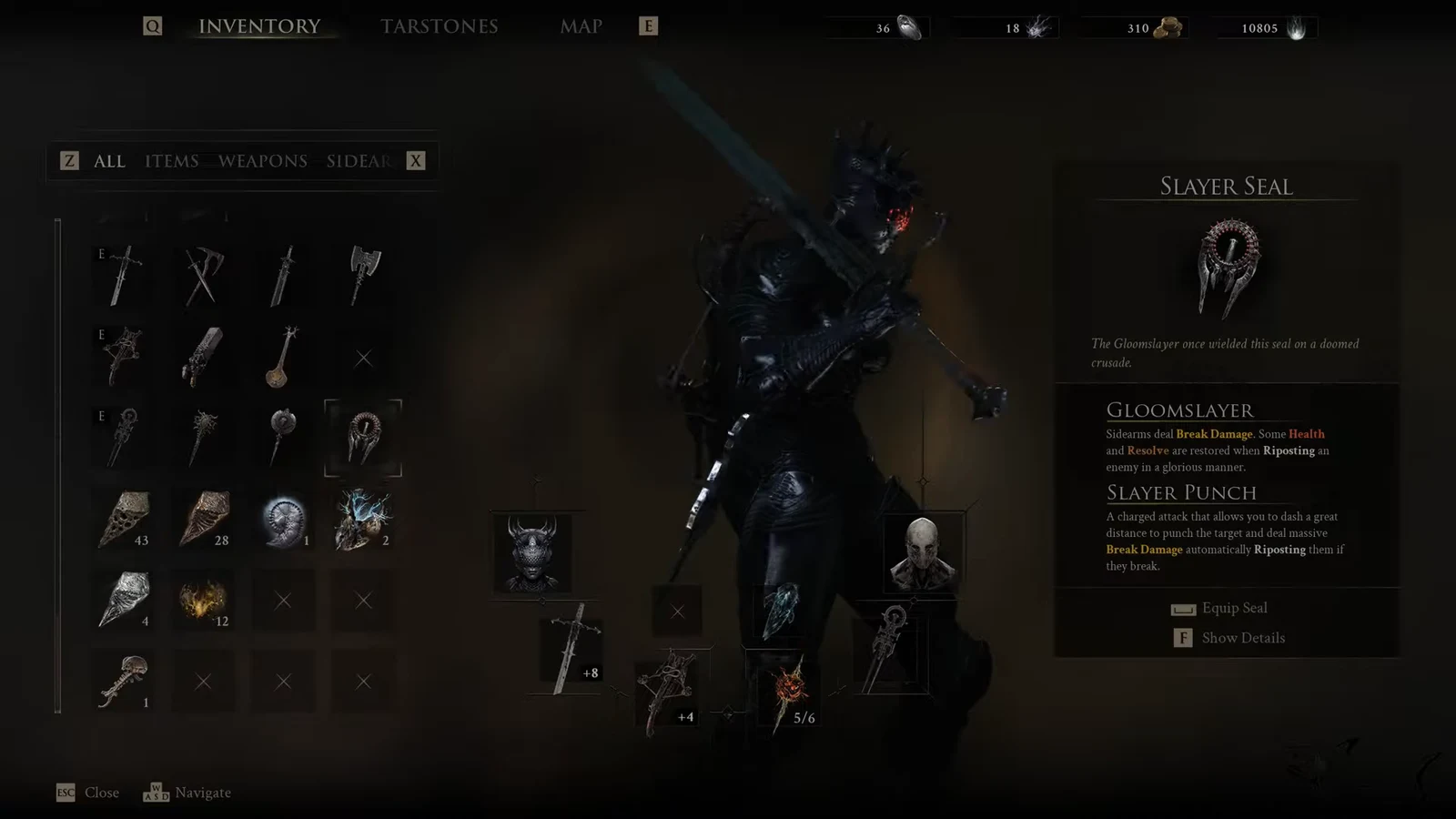 Inventory menu highlighting an equippable Seal and its listed effects